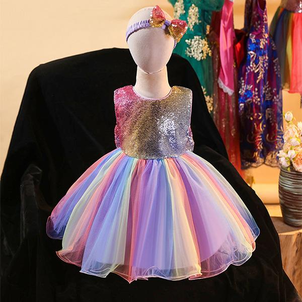 Girls Princess Dress Bowknot Evening Dress Rainbow Sequined Skirt Performance Costume Fluffy Mesh Dress