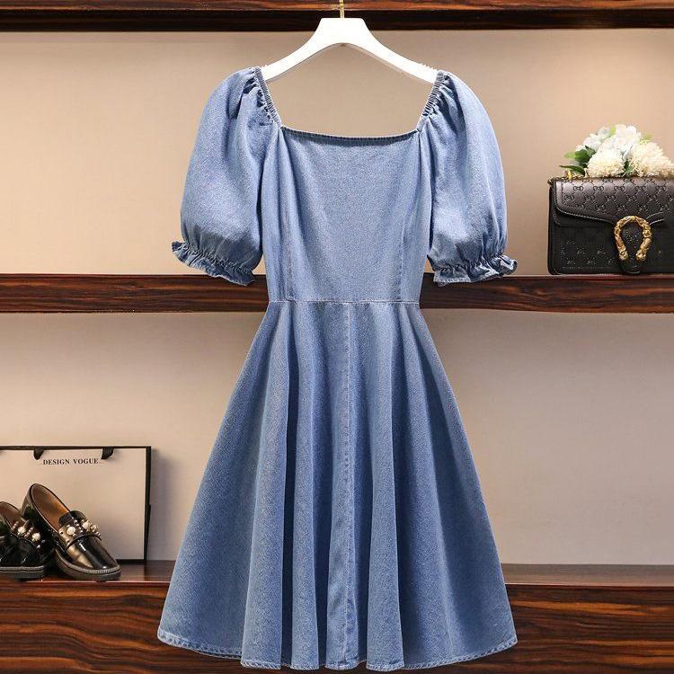 Women's Denim Dress Puff Sleeves Spring and Summer Sexy Knee-length Daily Wear Office Dating Party