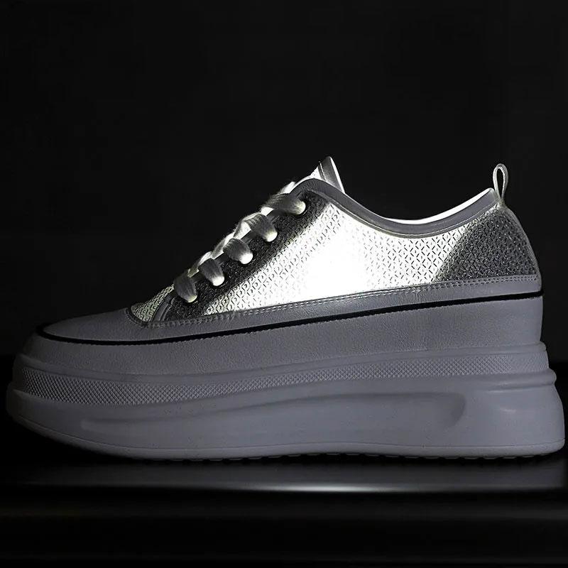 Women's Platform Shoes Sequined Shoes Leather Breathable Inner Increase White Shoes Casual Shoes Female Students' Thick-soled Shoes