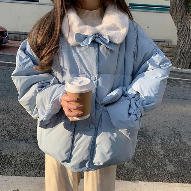 Winter Women's Down Jacket Korean Fashion Bow-knot Stand-up Collar Cotton-padded Jacket Warmth Short Cotton Jacket