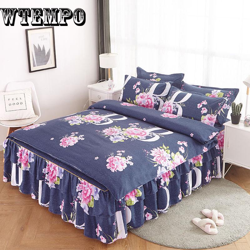 Simple Style Printing Bedspread Cotton Bed Skirt Pillowcase Bedding Bed Sets Queen King Size