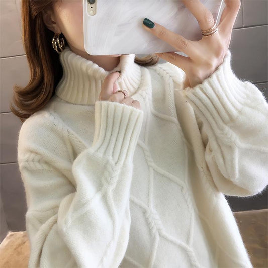 Autumn and Winter Clothes Loose Turtleneck Sweater Women's Twist Knit Split Bottoming Shirt Outer Wear