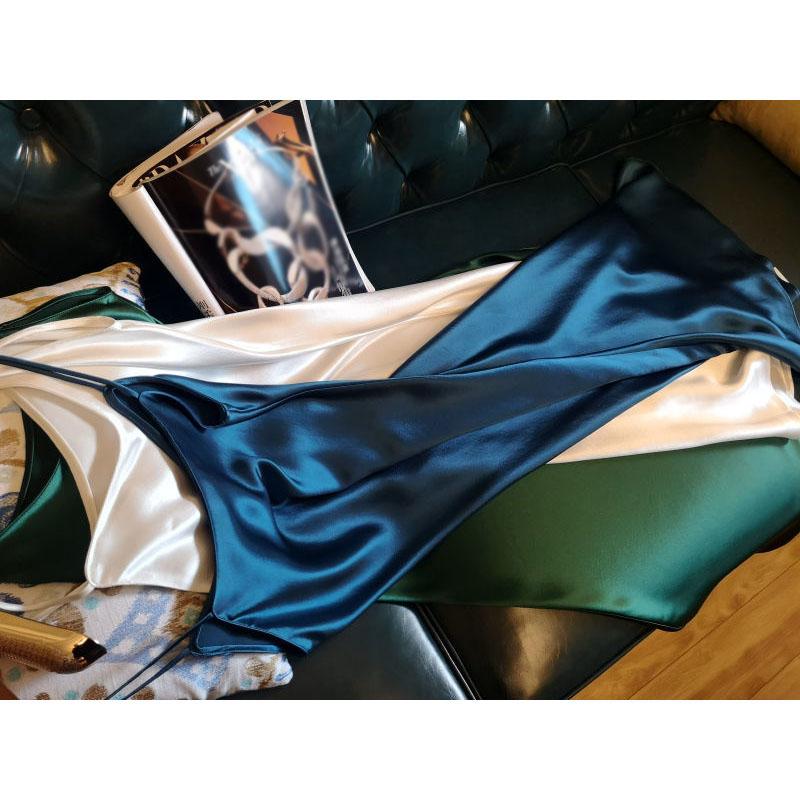 Ladies Satin Deep V-neck Sexy Dress Solid Color Straight Pajamas Party Dress Elegant Female Summer Suspender Skirt Casual