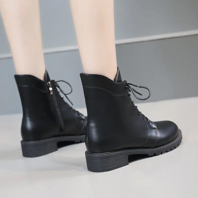 Autumn and Winter Soft Leather Lace-up Zipper Thick Heel Martin Boots Women Mid-high Heel Korean Warm and Comfortable All-match Cotton Boots