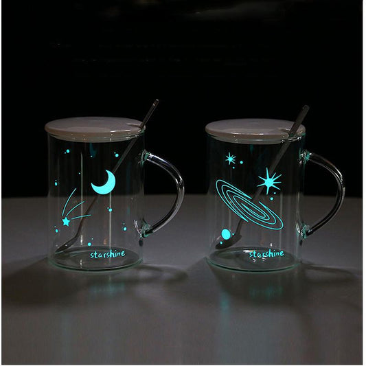Couple Cup Creative Luminous Starry Sky Universe Office Glass Drinking Cup with Lid Spoon Cup Personality Trend