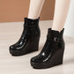 Women's Patent Leather Slope Heel Short Boots Autumn and Winter Waterproof Thick Bottom Round Head Large Size High-heeled Martin Boots