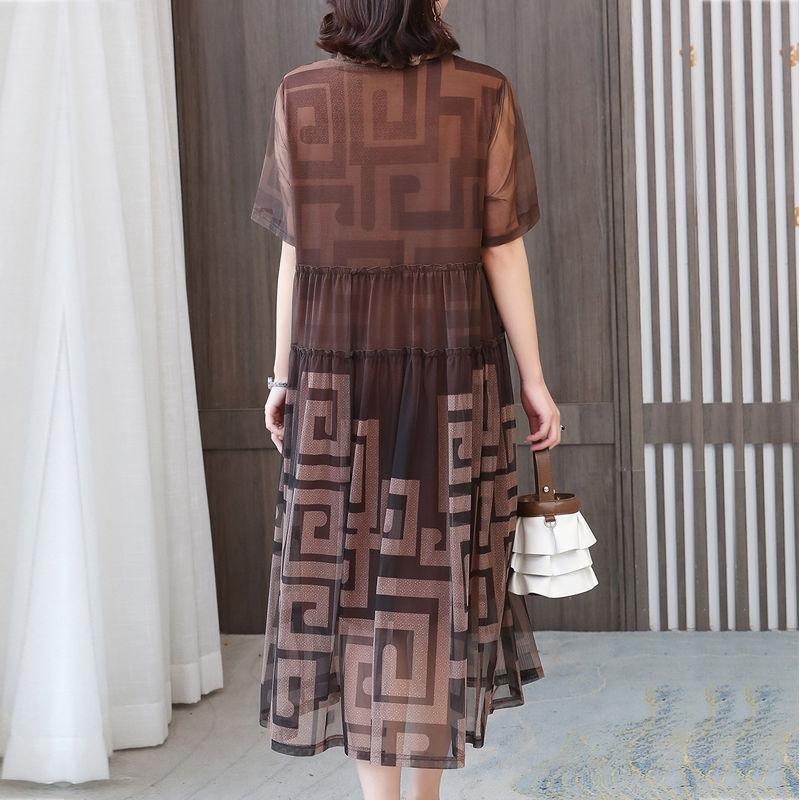 Large Size L-XXXXXXL Summer Chiffon Mid-calf Loose Short Sleeve A-line Dress Cover Belly Looks Skinny