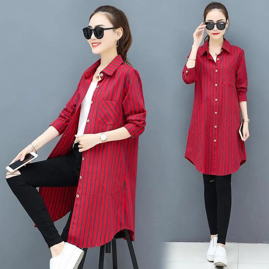 Women's Long-sleeved Striped Shirt Loose Casual Plus Size Mid-length Blouse