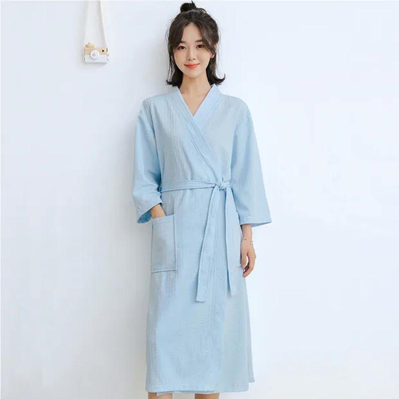 Women's Yukata Pajamas Robe Spring Autumn Loose Waffle Solid Color Bathrobe Long Sleeves Robe Sleeping Robes with Belt