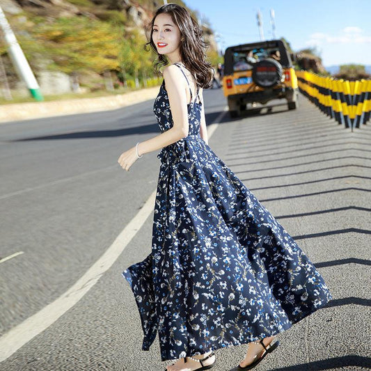 Summer Sexy Suspender Long Skirt Holiday Beach Skirt Strap Chiffon Floral Dress Female Split Casual Fashion