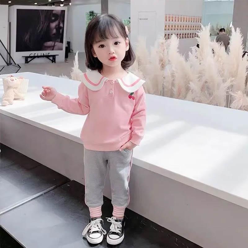 Spring and Autumn Children's Long-sleeved Two-piece Baby Girl Cute Lapel Pullover Cartoon Printing Sweater Sports Casual Pants Two Children's Suit
