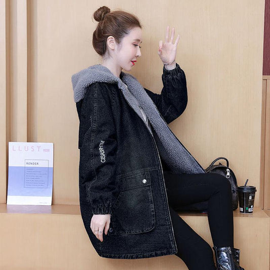 Autumn and Winter Imitation Lamb Wool Thick Coat Mid-length Loose Casual Denim Cotton Coat Fashionable All-match Female Coat