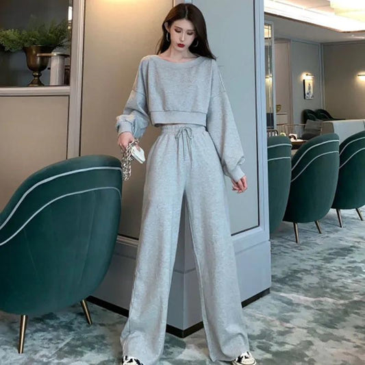 2PCS Women's Spring and Autumn Casual Sweater + High Waist Wide Leg Pants Loose and Thin Two-piece Girls Sports Suit Fitness Athletic Jogging Suits