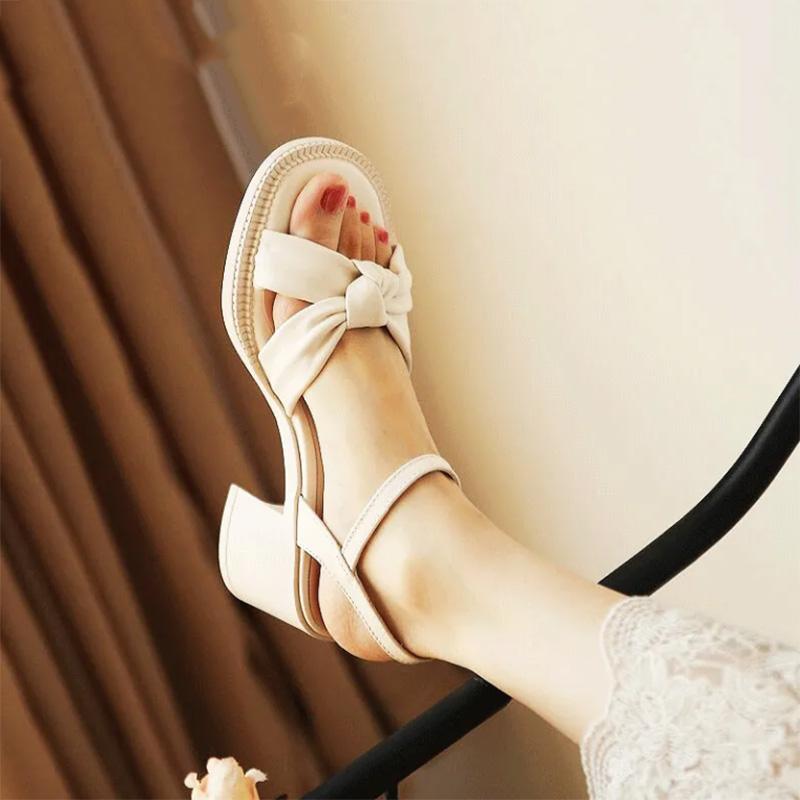 Solid Color Braided Sandals Women's All-match Fashion Thick Heel Soft Leather One-word Buckle Strap Fairy Style Women's Shoes with Skirts