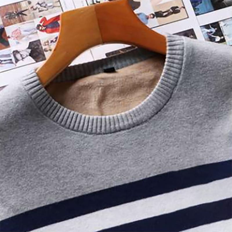 Pure Cotton Sweater Men's Striped Bottoming Sweater Long-sleeved Sweater Plus Velvet Thickening To Keep Warm