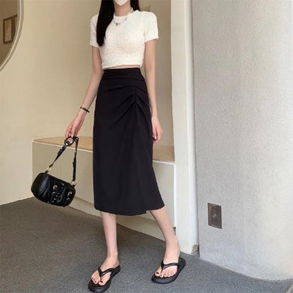 Pleated Slit Hip Skirt Summer Korean Version A-line Skirt High Waist Slim Mid-length Black Skirt Women