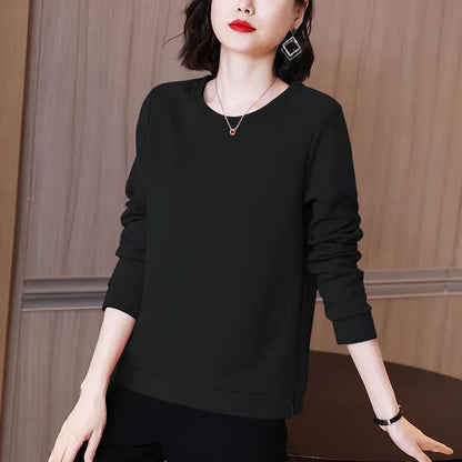 Women Cotton Pullover Spring Solid Color Shirt Long Sleeve T-shirt Casual Slit Bottoming Shirt