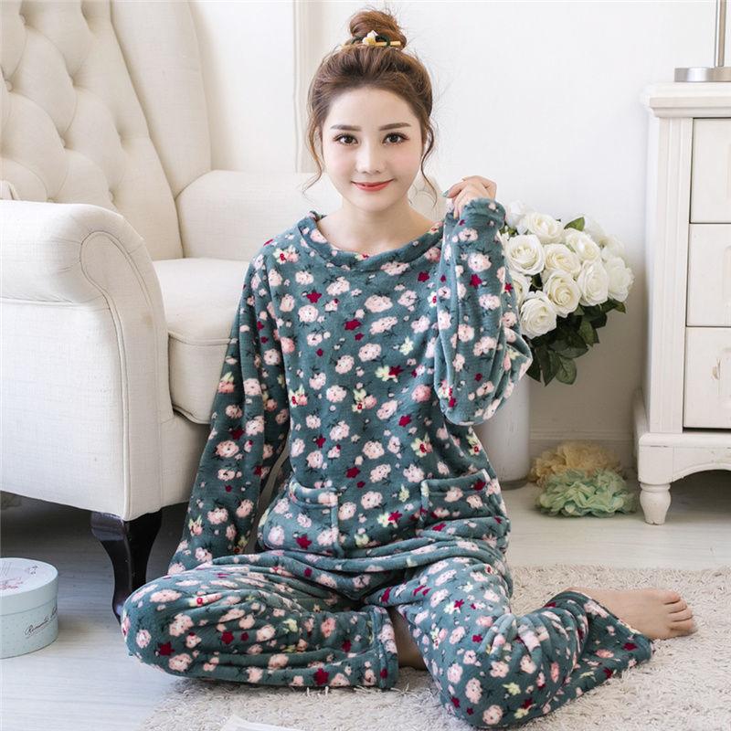 Autumn and Winter Thick Korean Flannel Ladies Pajamas Coral Fleece Loose Casual Cute Plus Size Home Service