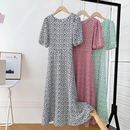 Summer O-Neck Short-sleeved Love Slimming Dress Lace-up Fairy Waist Beach Small Fresh Mid-length Dress Female