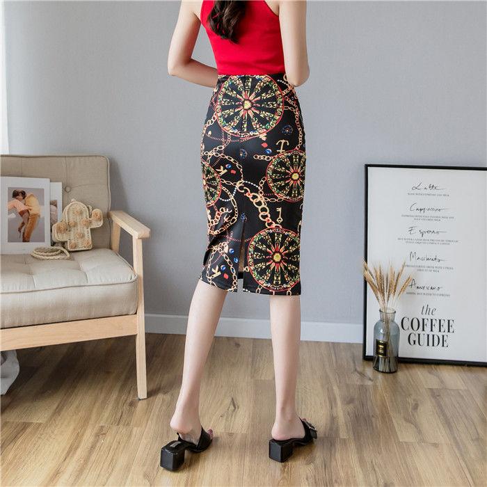 European Women Autumn Print Pencil Skirt High Stretch  Midi Slipt Hip Skirt Female
