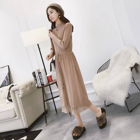 Knitted Long Lace Thick Sweater Dress Large Size Women Over Knee Loose Bottoming Knitwear