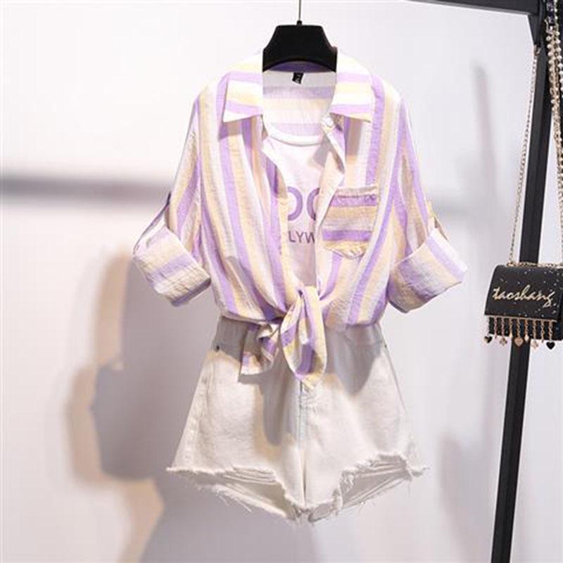 Pofulove Women Fake Two-piece Striped Shirt Hole Denim Shorts Two-piece High-waist Shorts Set Summer