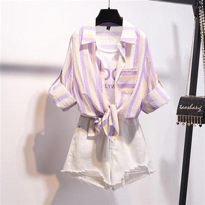 Pofulove Women Fake Two-piece Striped Shirt Hole Denim Shorts Two-piece High-waist Shorts Set Summer
