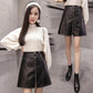 Female Vintage Leather Ring Zipper High Waist A-line Skirt Elegant Slim Short Wrap Hip Club Versatile Skirt