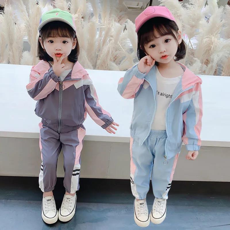 Boys and Girls Spring and Autumn Hooded Stitching Suit Two-piece Outdoor Sports Suit Korean Casual Sets