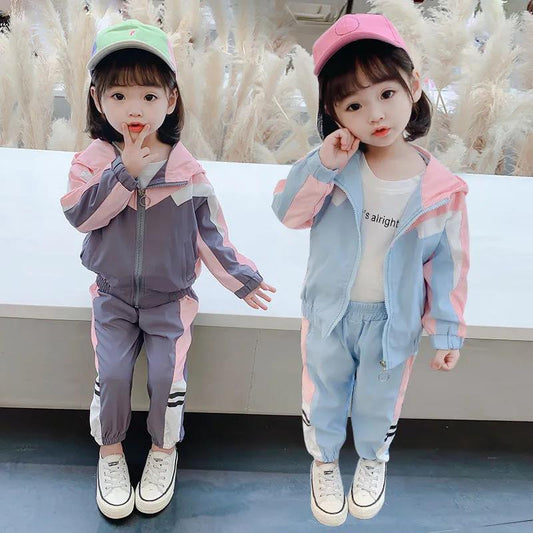Boys and Girls Spring and Autumn Hooded Stitching Suit Two-piece Outdoor Sports Suit Korean Casual Sets