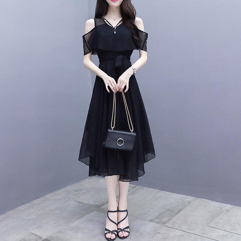 Black Dress Female Summer Mid-length Section Was Thin Chiffon Slim Temperament Off-shoulder Dress A-line Version Skirt Waist Was Thin