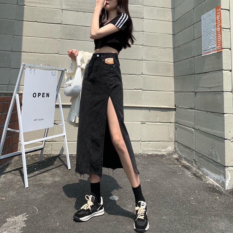 Denim Skirt Long Skirt Women Solid Split  High Waist Over The Knee Hip Skirt Casual Club Home Office