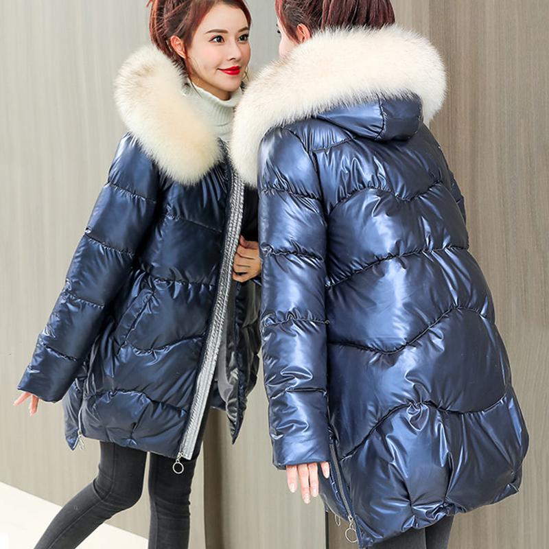 Women's Bright Face Hooded Down Jacket Mid-length Korean Loose Thick Coat Warm Cotton Coat Large Wool Collar Winter Quilted Coat