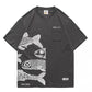 Japanese Cotton T-shirts Mackerel Print Patchwork Tees Summer Oversized O-neck Short Sleeve Casual Shirts Men Clothing