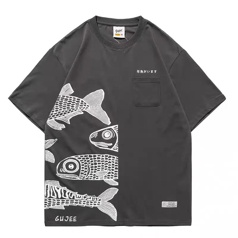 Japanese Cotton T-shirts Mackerel Print Patchwork Tees Summer Oversized O-neck Short Sleeve Casual Shirts Men Clothing