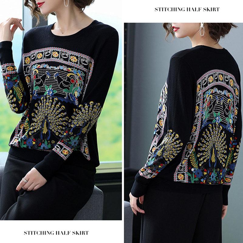 Autumn  Winter Ethnic Style 3D Printed Sweater Women Short Pullover Knit Bottoming Sweater Outer Wear Plus Size High-end Sweater