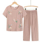 Women Clothes Summer Cotton and Linen Homewear Set Short Sleeve Floral Print T-shirt Pants Loose Two Pieces Set Outfit for Middle-aged Large Size