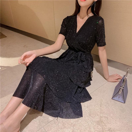 Fashion V-neck Mesh Dress Female Summer Sequins Multilayer Skirt Loose Long Dress for Party Evening