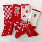 Five Pairs of Women's Red Socks Korean Cute Cotton Socks Cartoon Knitted Pattern Stockings