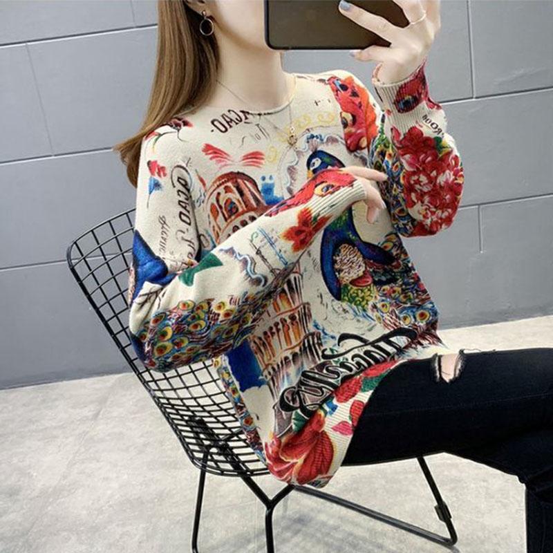 Peacock Pattern Pullover Sweater Women Fall/winter Ethnic Style Print Knit Sweater Outer Wear Jumper Tops