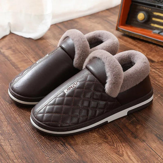 Women Winter Cotton Shoes Unisex  Home Slippers Leather Waterproof Non Slip Slippers Plush Warm Indoor