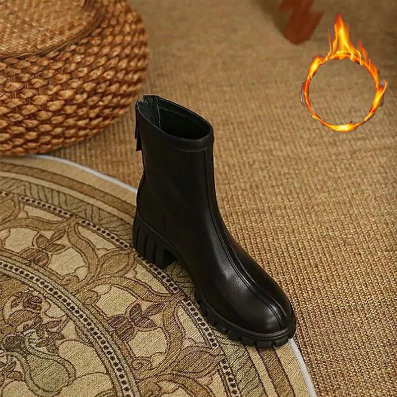 Martin Boots Woman Round Head Retro Boots Black Middle Boots Back Zipper Chelsea Boots Snow Boots Plus Velvet Warm Cotton Boots Winter Boots