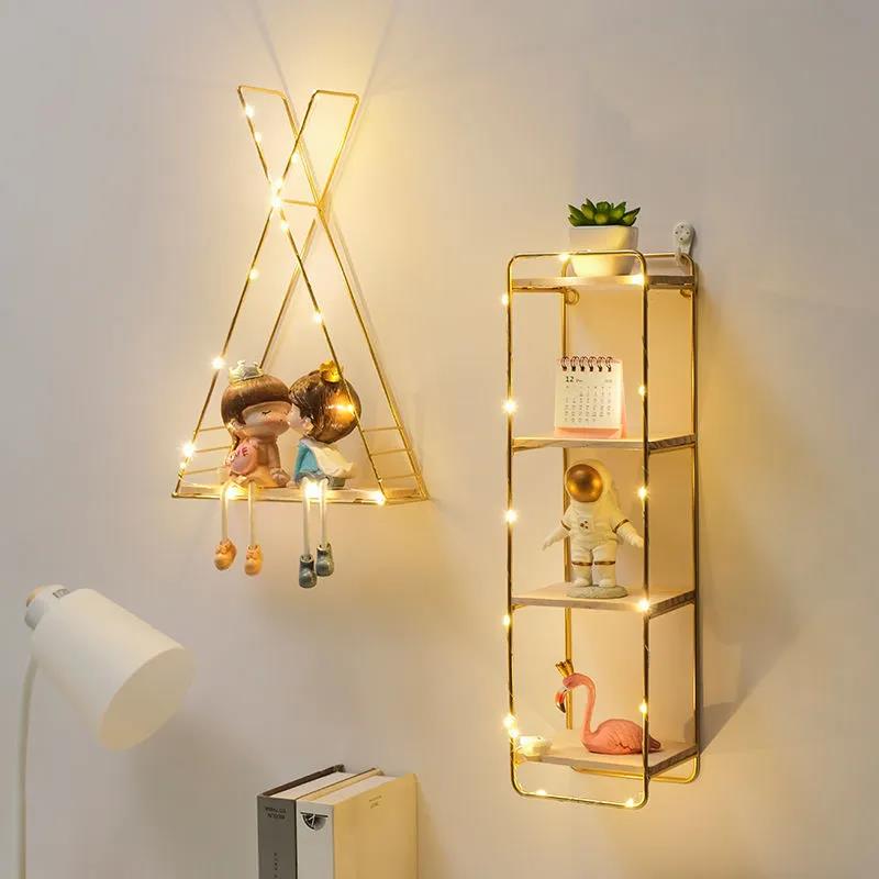 Double Layer Shape Storage Shelf Solid Wood Metal Display Stand Hole-free Storage Rack with Light Strip