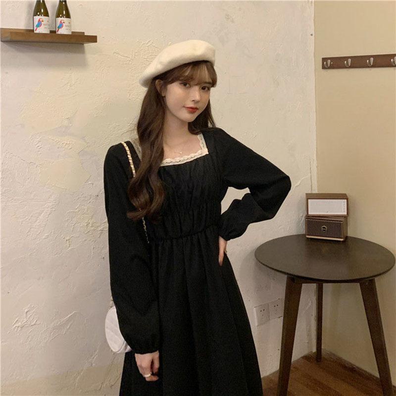 Spring and Autumn Korean Version of French Temperament Square Collar Lace Folds Waist Dress Students