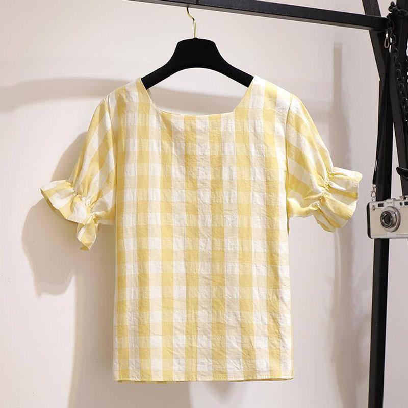 Pofulove Summer Women's Slim Skirt Set Flare Sleeve Plaid blouse Irregular short Skirt Two Piece Set