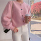 4 Colors Women Faux Mink Cashmere Lazy Loose Crew Neck Button Sweater Knitted Jacket Coat