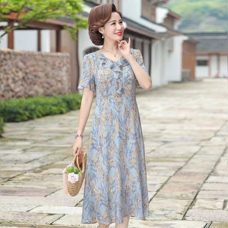 Women's Elegant Loose Dress V-neck Floral Decorative Fabric Lightweight and Breathable A-line Version Mid-length Women's Dress Loose and Comfortable