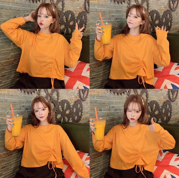 Women Girls Drawstring Long Short Sleeve T-Shirt Solid Long Sleeve O-Neck Casual Tops Tee