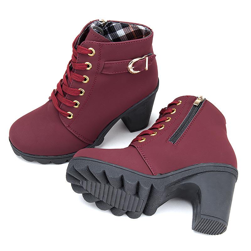 Winter Women Boots PU Leather Fashion High Heels Boots Women Lace-up Martin Shoes Woman