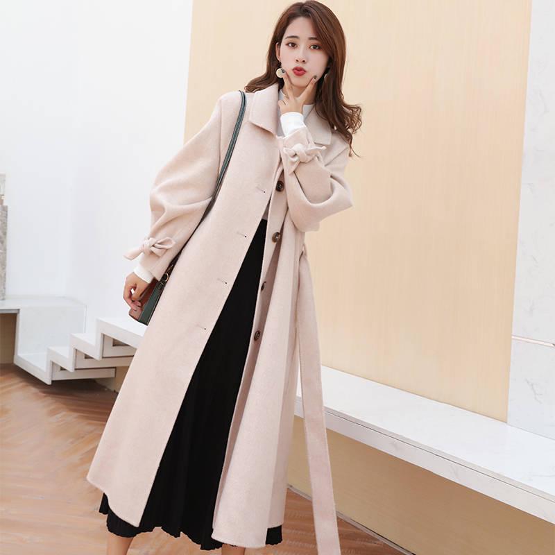 Elegant Long Women's Coat Lapel 2 Pockets Belted Jackets Solid Color Coats Female Outerwear